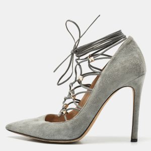 Valentino Grey Suede Rockstud Ankle Wrap Pointed Toe Pumps Size 38, Pumps - Luxury Closet catalog