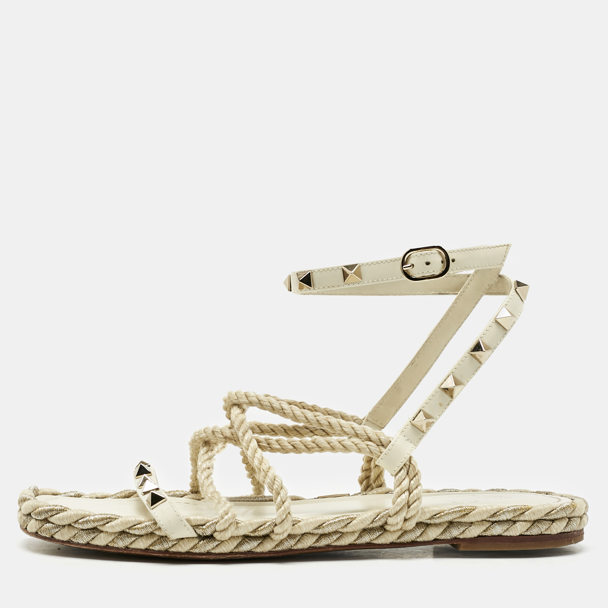 Valentino Cream Woven Fabric Rockstud Torchon Sandals Size 38, Sandals - Luxury Closet catalog