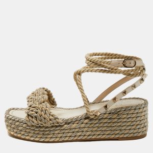 Valentino Light Gold/Cream Leather and Rope Rockstud Torchon Wedge Sandals Size 38, Sandals - Luxury Closet catalog