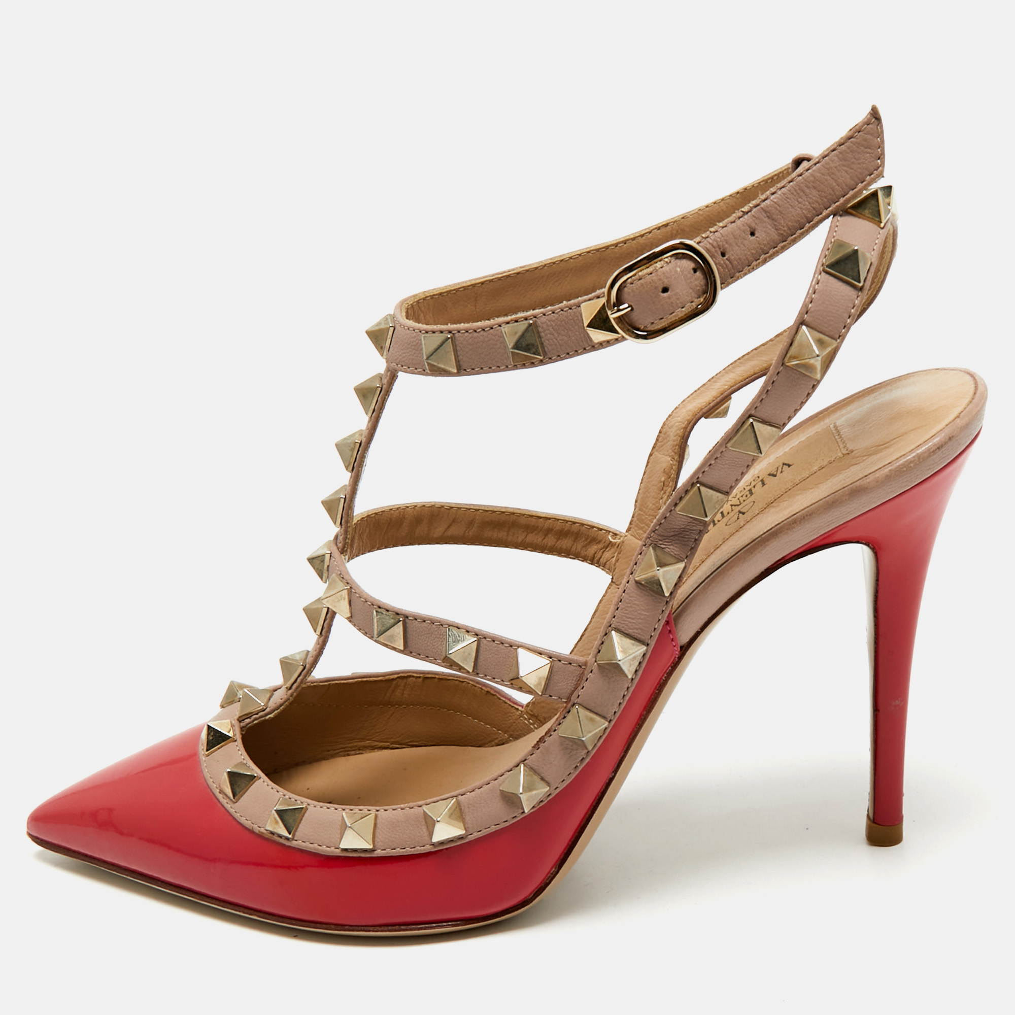 Valentino Red/Beige Patent Leather Rockstud Ankle Strap Pumps Size 37.5, Pumps - Luxury Closet catalog