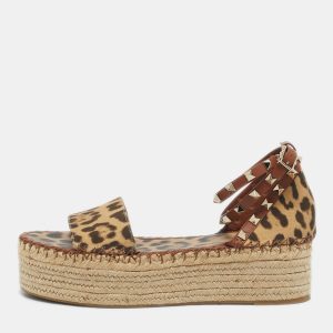 Valentino Beige/Brown Leopard Canvas Rockstud Ankle Strap Platform Sandals Size 40, Sandals - Luxury Closet catalog