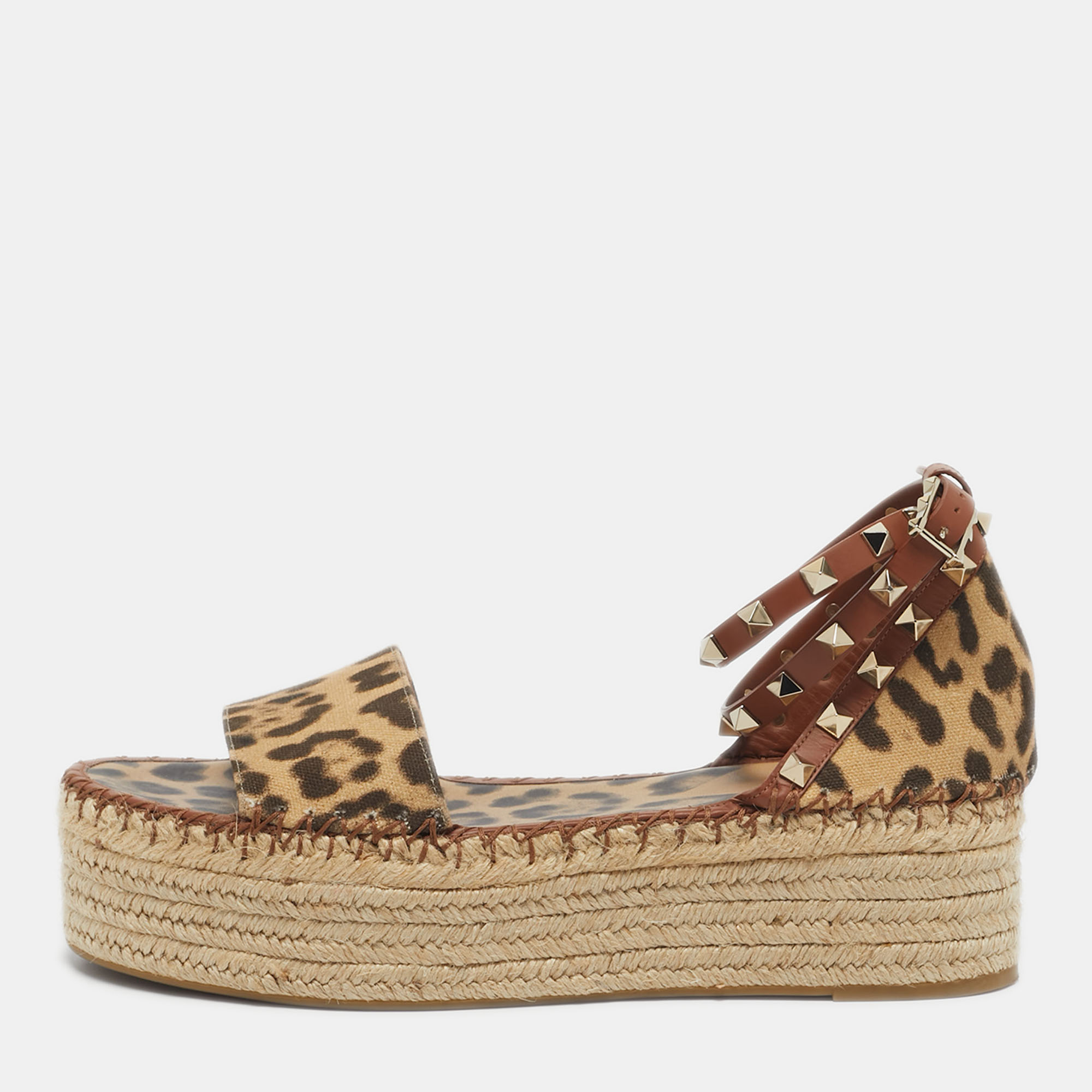 Valentino Beige/Brown Leopard Canvas Rockstud Ankle Strap Platform Sandals Size 40, Sandals - Luxury Closet catalog