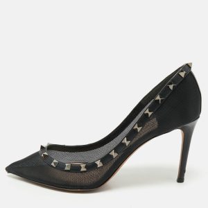 Valentino Black Leather and Mesh Rockstud Pointed Toe Pumps Size 40.5, Pumps - Luxury Closet catalog