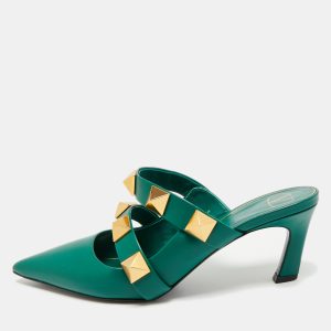 Valentino Dark Green Leather Roman Stud Pointed Toe Mules Size 39.5, Sandals - Luxury Closet catalog
