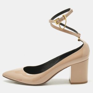 Valentino Beige Patent Leather Tango Block Heel Ankle Strap Pumps Size 40.5, Pumps - Luxury Closet catalog