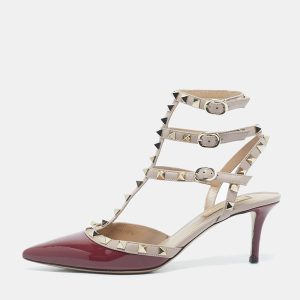 Valentino Burgundy/Beige Patent Leather Rockstud Ankle Strap Pumps Size 38, Pumps - Luxury Closet catalog