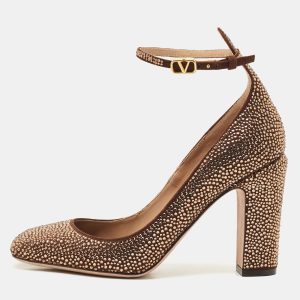 Valentino Dark Brown Suede Crystal Embellished Block Heel Pumps Size 38.5, Pumps - Luxury Closet catalog