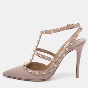 Valentino Dark Beige Leather Rockstud Ankle Strap Pumps Size 39.5, Pumps - Luxury Closet catalog