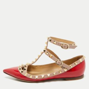 Valentino Red/Beige Patent Leather Rockstud Cage Ballet Flats Size 35.5, Flats - Luxury Closet catalog