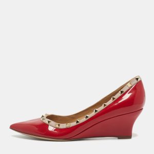 Valentino Red/Beige Patent and Leather Wedge Rockstud Pumps Size 39.5, Pumps - Luxury Closet catalog