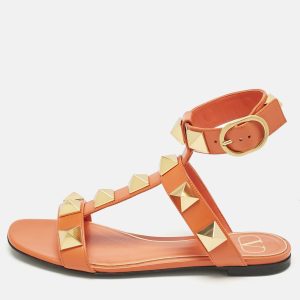 Valentino Orange Leather Roman Stud Ankle Strap Flat Sandals Size 36, Sandals - Luxury Closet catalog