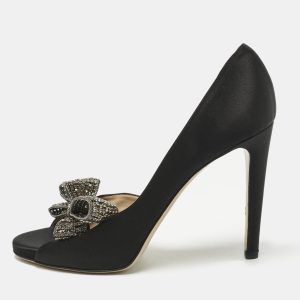 Valentino Black Satin Crystal Embellished Bow Peep Toe D'orsay Pumps Size 39.5, Pumps - Luxury Closet catalog