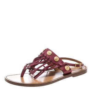 Valentino Maroon Leather Fringed Coin Detail Thong Sandals Size 37.5, Sandals - Luxury Closet catalog