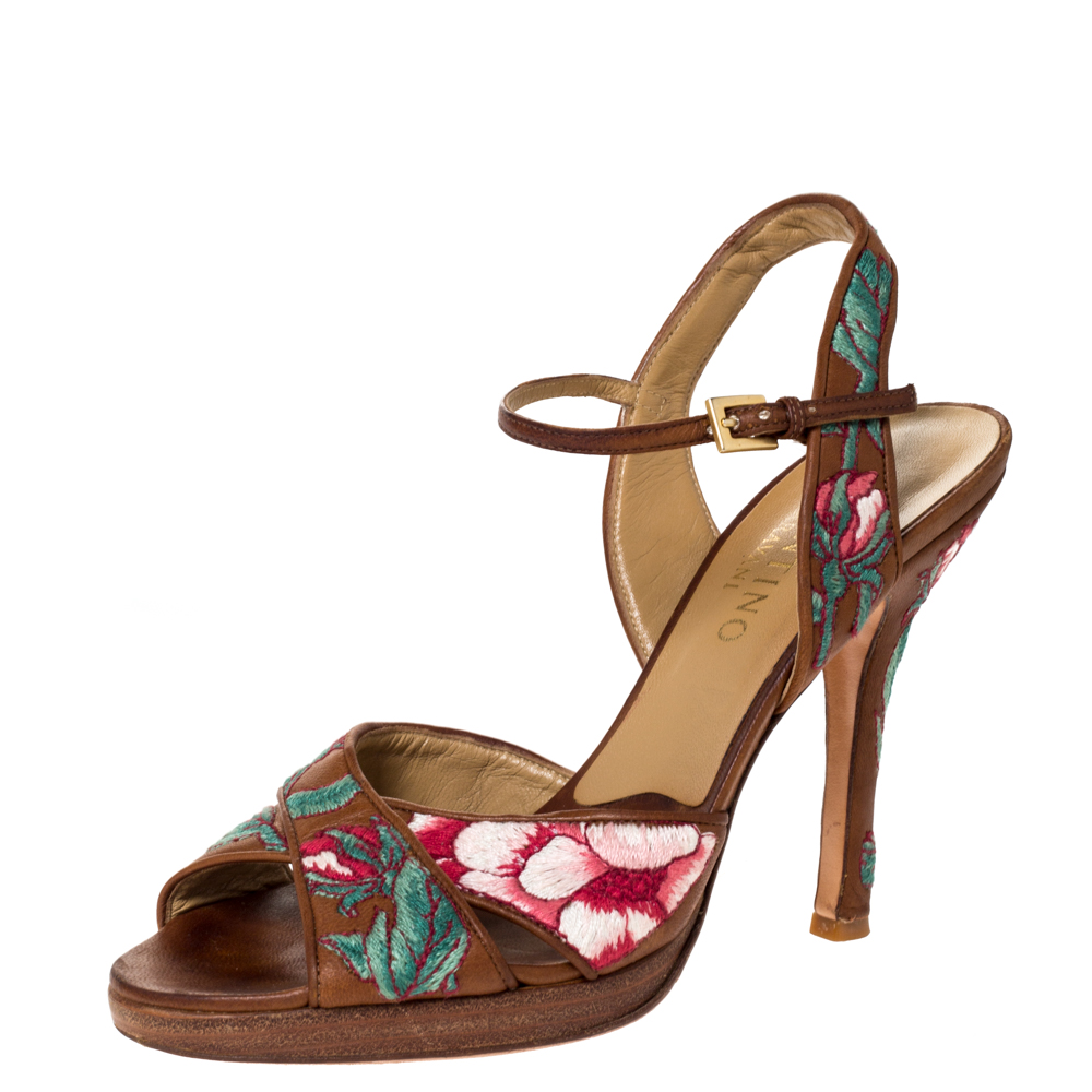 Valentino Brown Leather Embroidered Ankle Strap Sandals Size 39.5, Sandals - Luxury Closet catalog