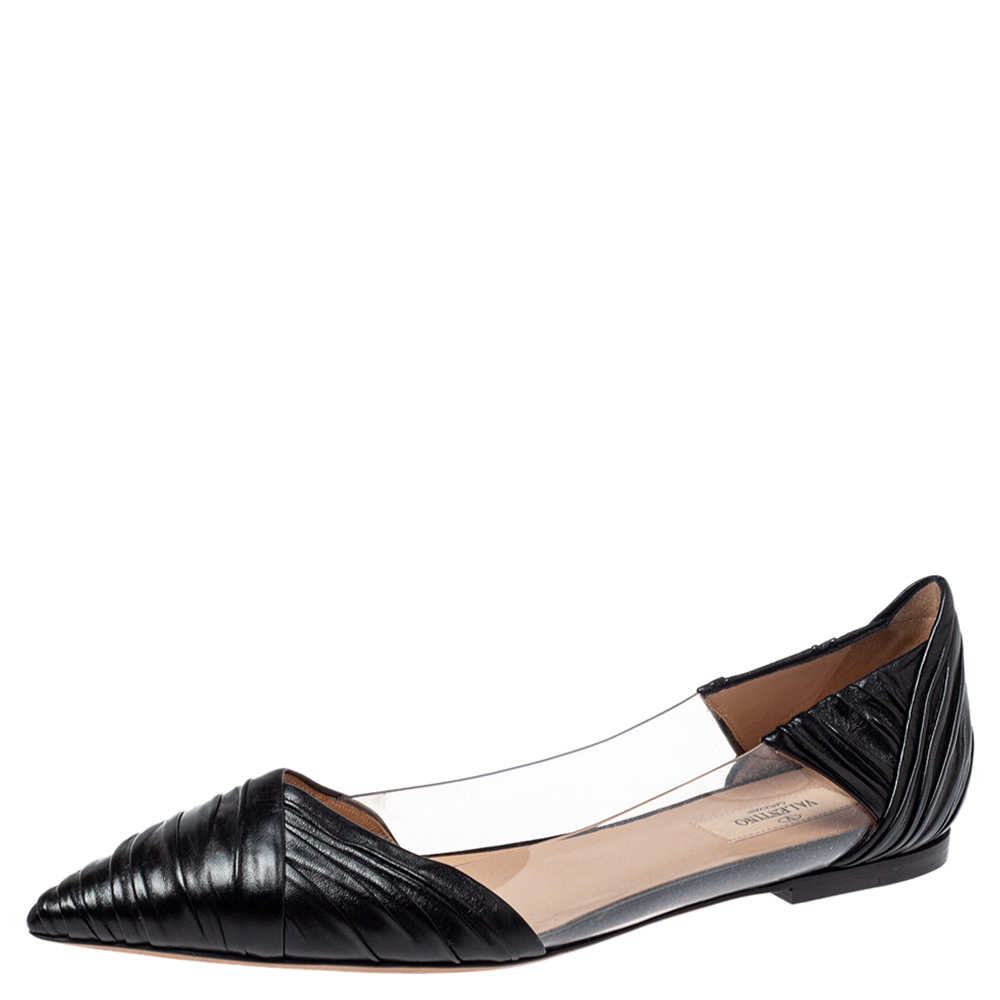 Valentino Black Leather and PVC B Drape Pointed Toe Ballet Flats Size 40.5, Flats - Luxury Closet catalog