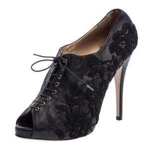 Valentino Black Leather Floral Embroidered Peep Toe Ankle Booties Size 40, Boots - Luxury Closet catalog