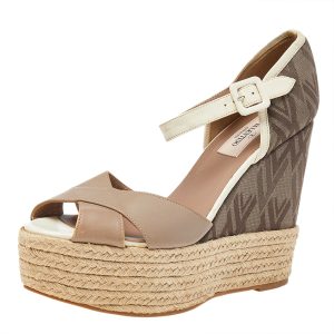 Valentino Beige/Brown Leather And Fabric Wedge Platform Espadrille Sandals Size 39.5, Sandals - Luxury Closet catalog