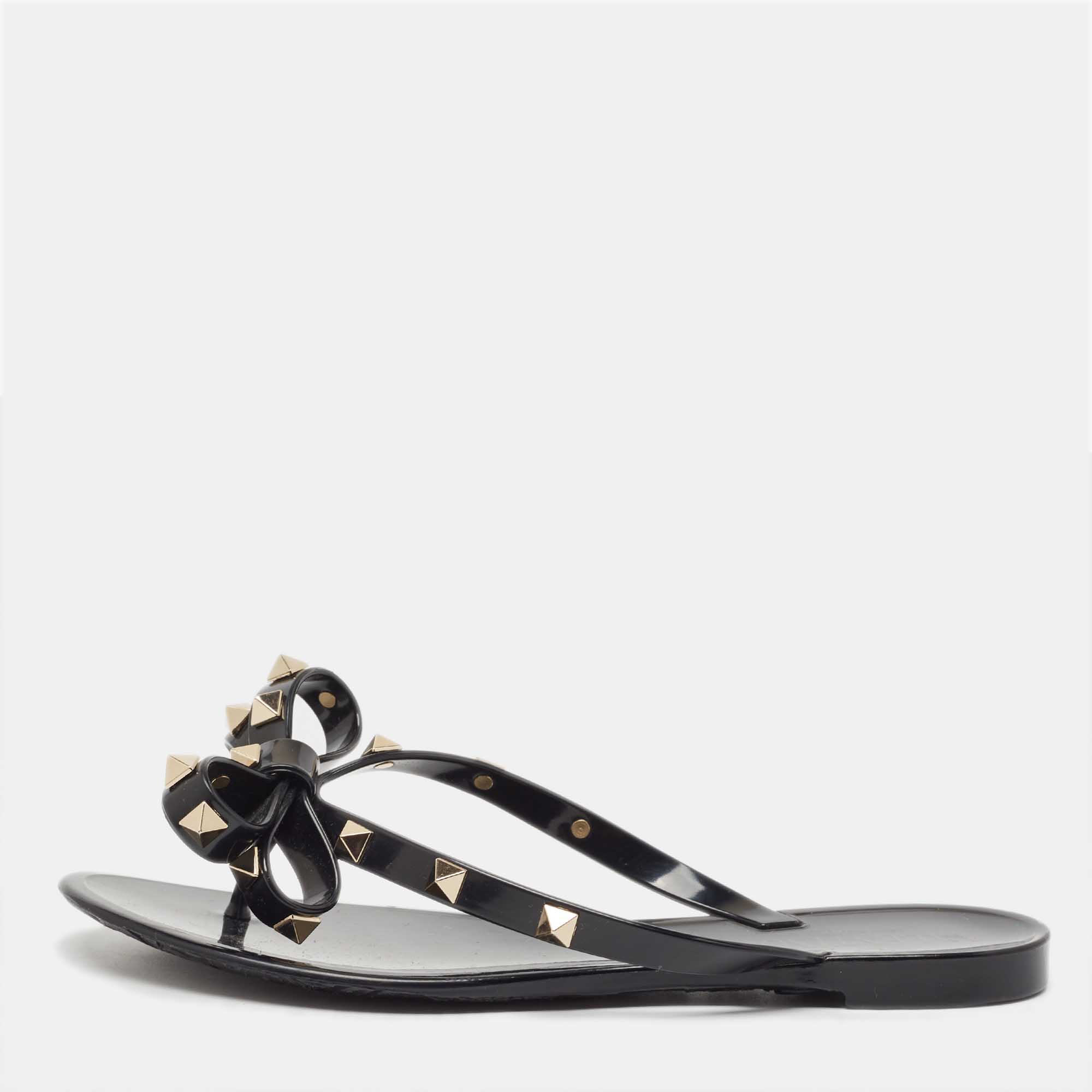 Valentino Black Rubber Bow Rockstud Thong Flats Size 35, Flats - Luxury Closet catalog