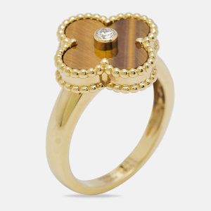Van Cleef & Arpels Vintage Alhambra Tiger Eye Diamond 18k Yellow Gold Ring Size 51, Rings - Luxury Closet catalog