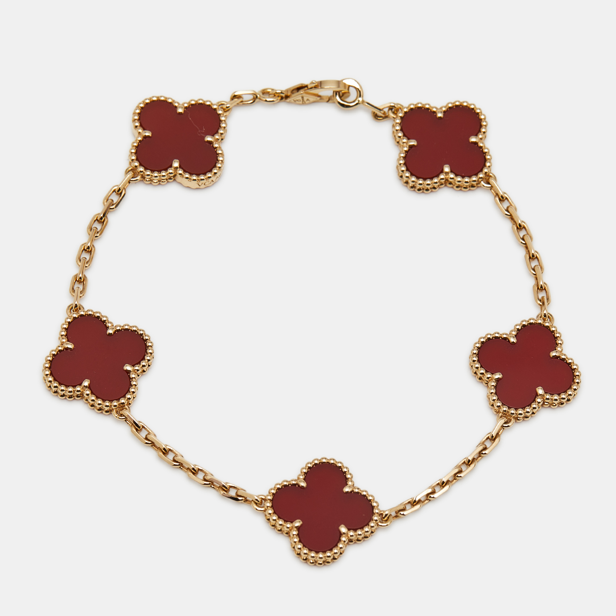 Van Cleef & Arpels Vintage Alhambra Carnelian 18k Yellow Gold 5 Motif Station Bracelet, Bracelets - Luxury Closet catalog