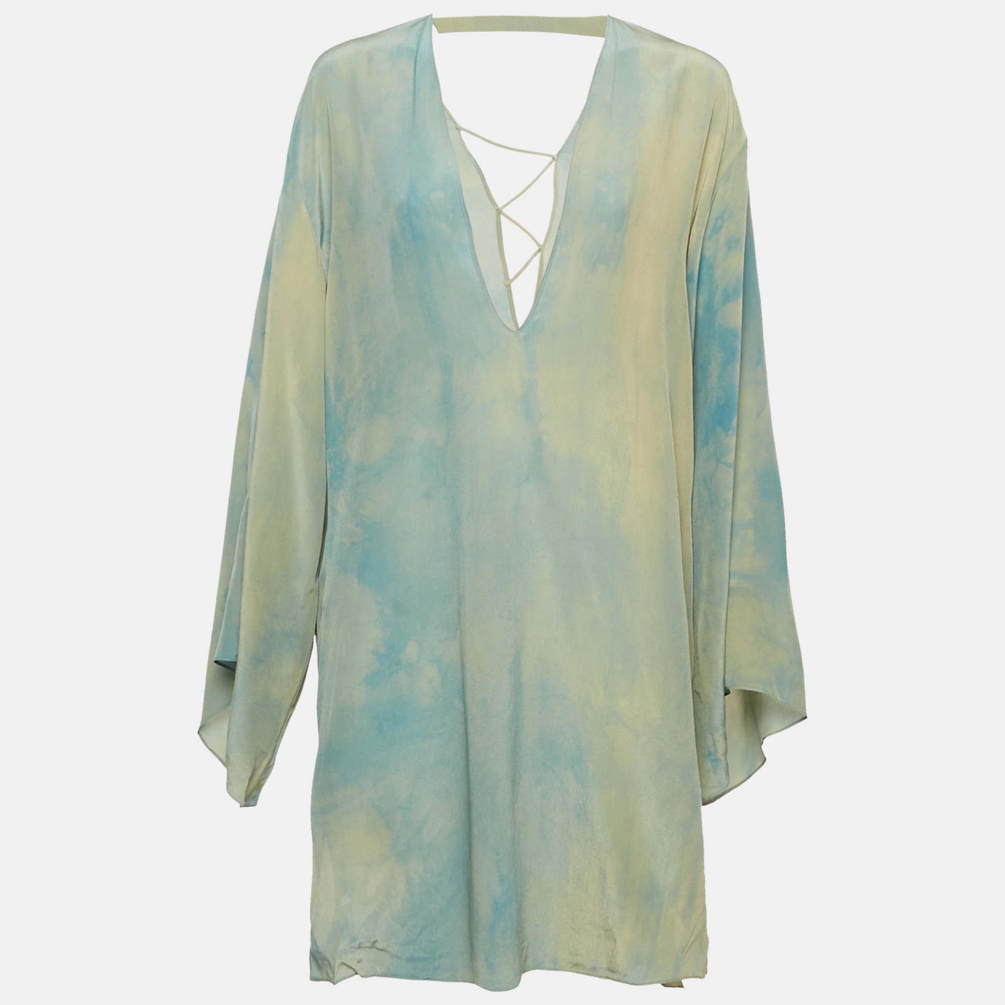 Versace Blue Abstract Print Silk Lace-Up Mini Dress L, Dresses - Luxury Closet catalog