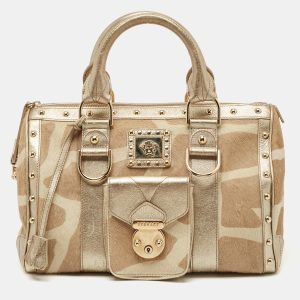 Versace Gold/Beige Calf Hair and Leather Snap Out Of It Satchel, Satchels - Luxury Closet catalog