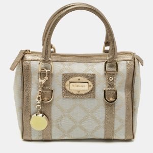 Versace Grey/Metallic Beige Jacquard Canvas and Leather Satchel, Satchels - Luxury Closet catalog