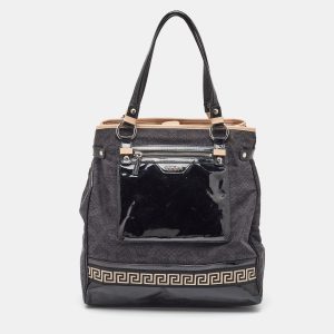 Versace Black/Beige Medusa Print Fabric and Patent Leather Front Pocket Tote, Tote Handbags - Luxury Closet catalog