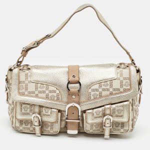 Versace Beige/Metallic Signature Canvas and Leather Double Pocket Flap Bag, Shoulder Bags - Luxury Closet catalog