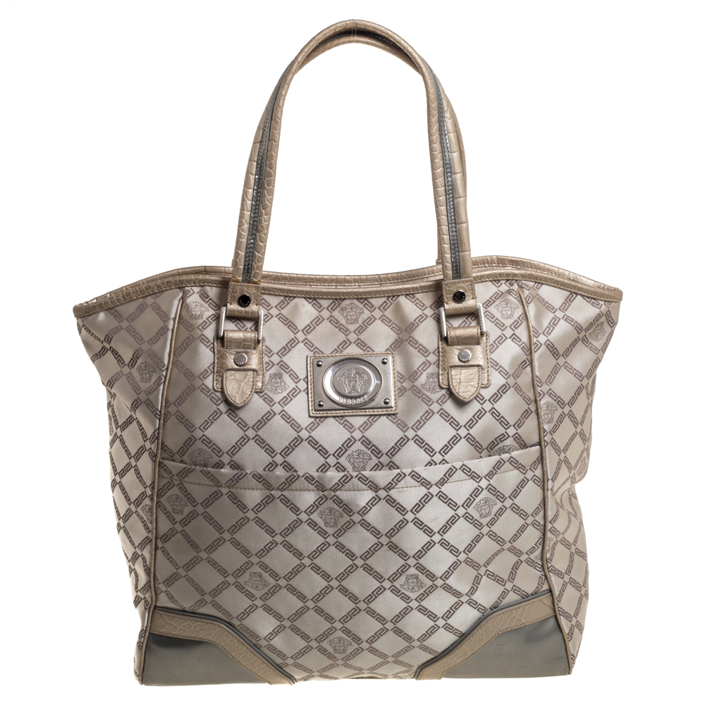 Versace Beige Monogram Fabric and Croc Embossed Leather Tote, Tote Handbags - Luxury Closet catalog