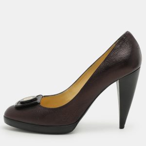 Versace Metallic Brown Leather Medusa Block Heel Pumps Size 37.5, Pumps - Luxury Closet catalog