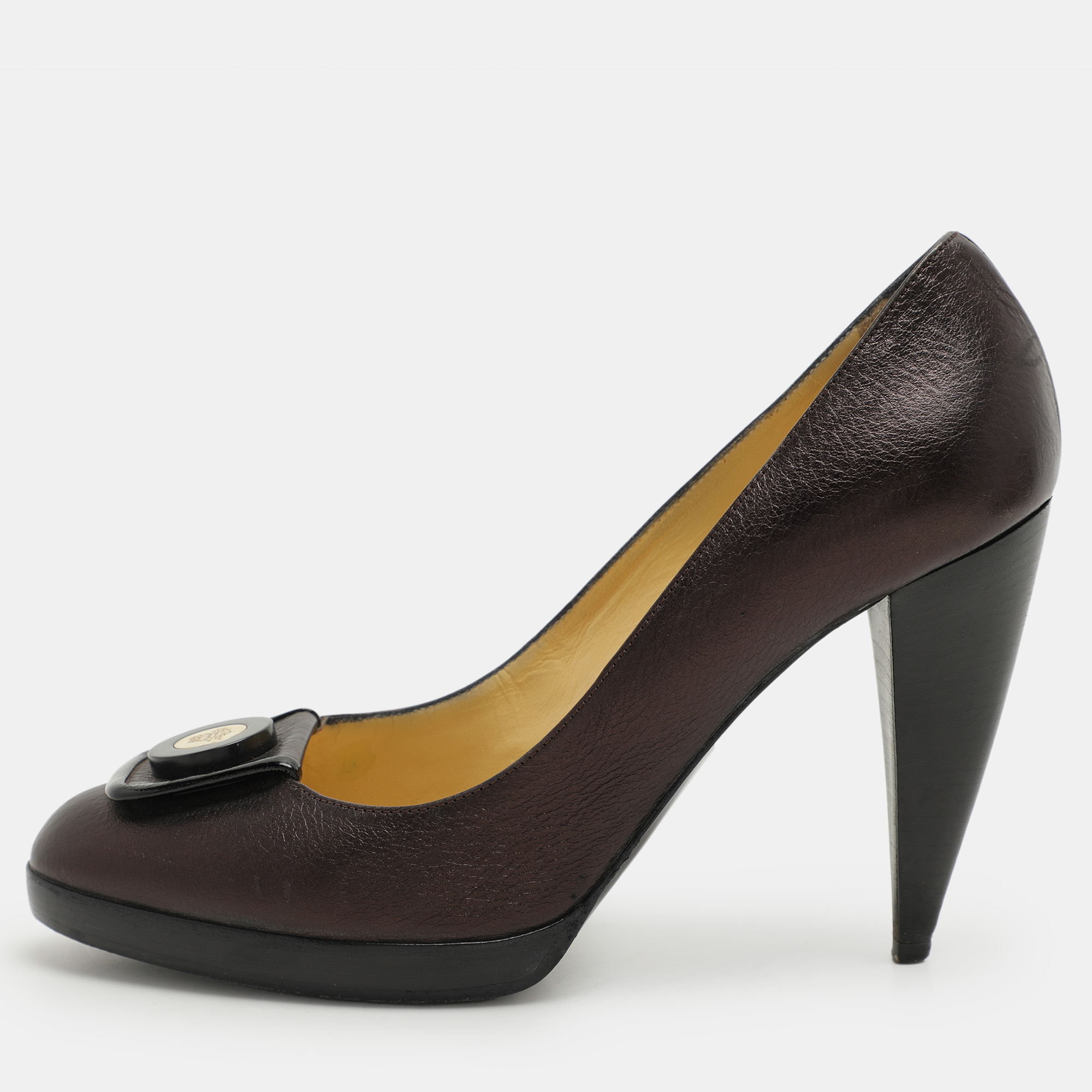 Versace Metallic Brown Leather Medusa Block Heel Pumps Size 37.5, Pumps - Luxury Closet catalog