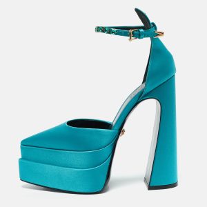 Versace Teal Blue Satin Aevitas Crystal Embellished Ankle Strap Platform Block Heel Pumps Size 39, Pumps - Luxury Closet catalog