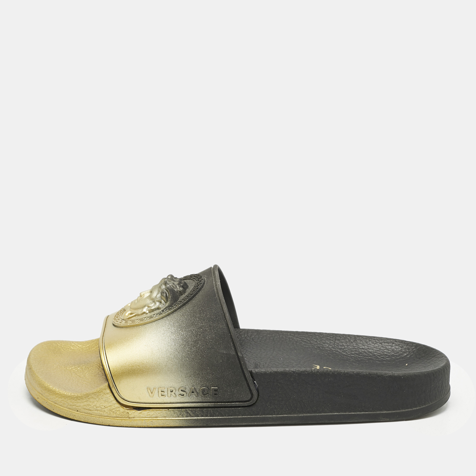 Versace Gold/Black Rubber Medusa Flat Pool Slide Sandals Size 37, Sandals - Luxury Closet catalog