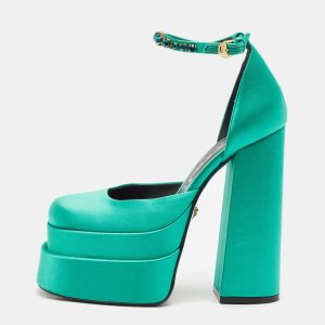 Versace Green Satin Aevitas Crystal Embellished Ankle Strap Platform Pumps Size 37, Pumps - Luxury Closet catalog