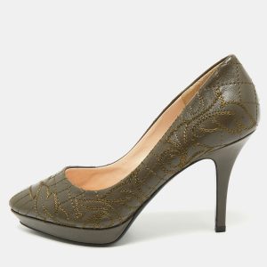 Versace Olive Brown Embroidered Leather Platform Pointed Toe Pumps Size 38, Pumps - Luxury Closet catalog