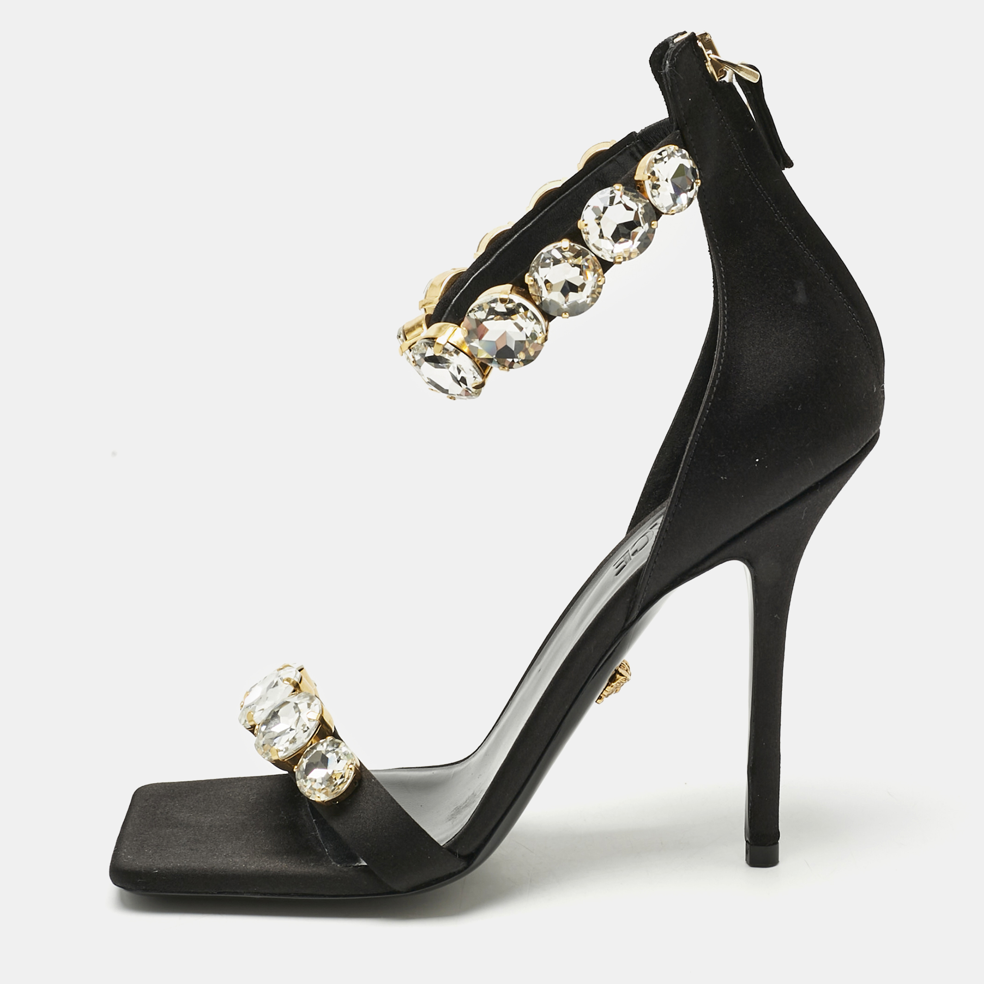 Versace Black Satin Crystals Embellished Ankle Strap Sandals Size 37, Sandals - Luxury Closet catalog