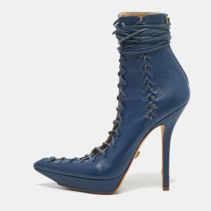 Versace Blue Leather Lace Up Ankle Length Boots Size 40, Boots - Luxury Closet catalog