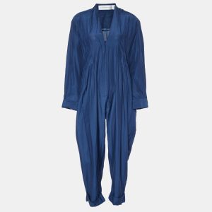 Victoria Victoria Beckham Navy Blue Silk & Cotton V-Neck Jumpsuit M, Suits - Luxury Closet catalog