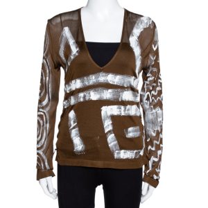 Yves Saint Laurent Army Green Painted Silk Knit V-Neck Top S, Shirts & Tops - Luxury Closet catalog