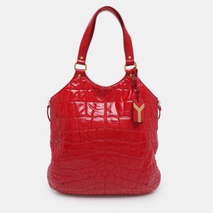 Yves Saint Laurent Red Croc Embossed Patent Leather Tribute Tote, Tote Handbags - Luxury Closet catalog
