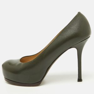 Yves Saint Laurent Olive Green Leather Tribtoo Platform Pumps Size 36.5, Pumps - Luxury Closet catalog