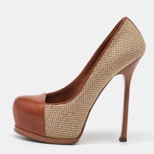 Yves Saint Laurent Beige/Brown Jute and Leather Tribtoo Platform Pumps Size 38.5, Pumps - Luxury Closet catalog