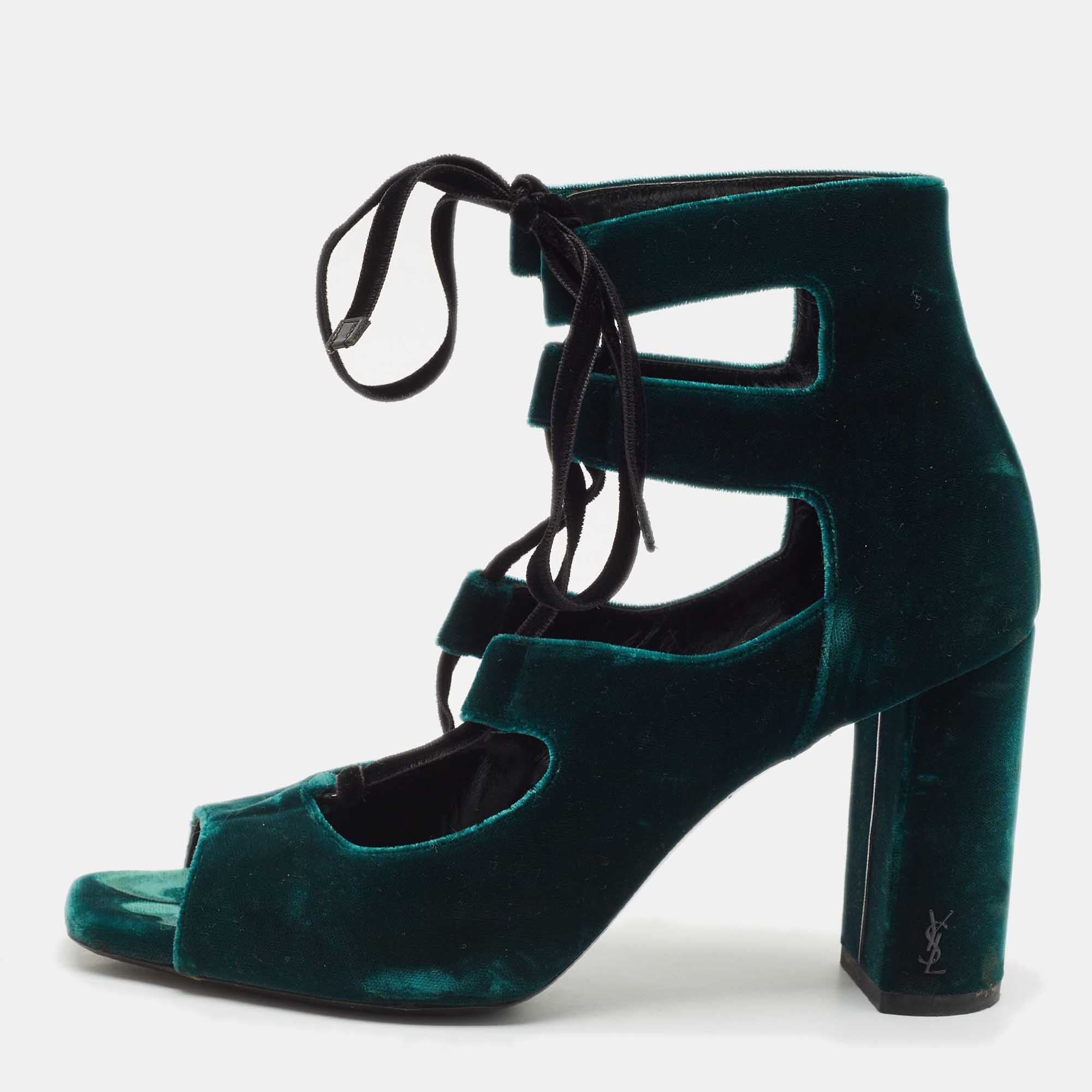 Saint Laurent Dark Green Velvet Loulou Open Toe Lace Up Block Heel Pumps Size 37.5, Pumps - Luxury Closet catalog