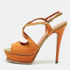 Yves Saint Laurent Orange/Green Suede and Patent Leather Platform Sandals Size 39.5, Sandals - Luxury Closet catalog