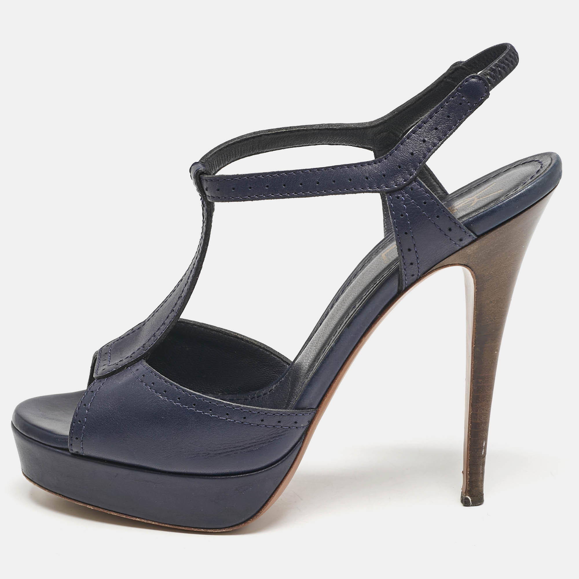 Yves Saint Laurent Navy Blue Leather T Strap Platform Sandals Size 38.5, Sandals - Luxury Closet catalog