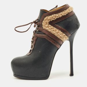 Yves Saint Laurent Black/Brown Shearling Fur and Suede Tribtoo Ankle Length Boots Size 38.5, Boots - Luxury Closet catalog