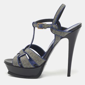 Yves Saint Laurent Blue/Grey Leather and Canvas Tribute Sandals Size 40, Sandals - Luxury Closet catalog