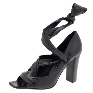 Yves Saint Laurent Black Leather Open Toe  Ankle Wrap Pumps Size 37.5, Pumps - Luxury Closet catalog