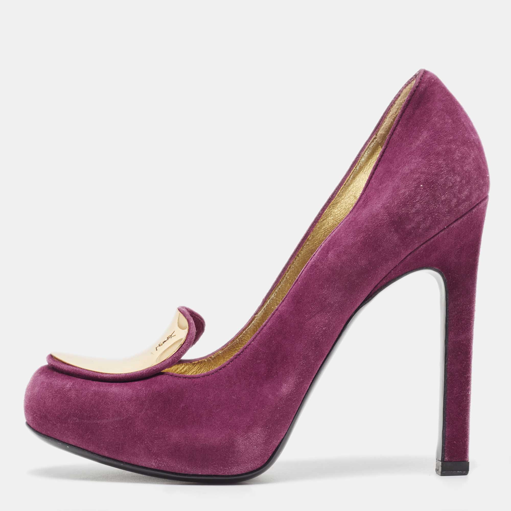 Yves Saint Laurent Purple Suede Plaque Embellished Round Toe Pumps Size 36.5, Pumps - Luxury Closet catalog